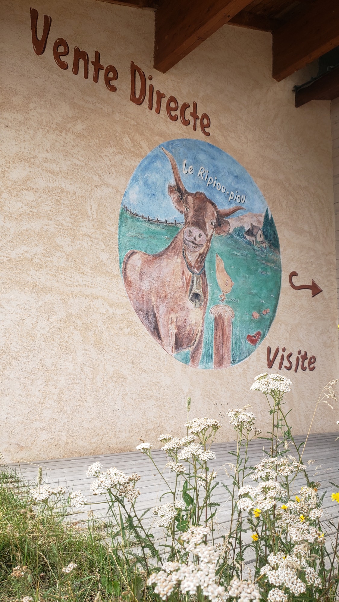 Peinture représentant une vache et un poussin sur la façade de l'ancienne fromagerie du Ripioupiou à Autrans